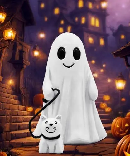 Produktbild: Yeomoo Lustig Ghosts mit Katzen Halloween Deko für Outdoor Innen - Halloween Geister Deko Figuren für Außen Kawaii Geist Geschenke für Frauen Männer Garten Party Tisch Gespenster Deko Weiß