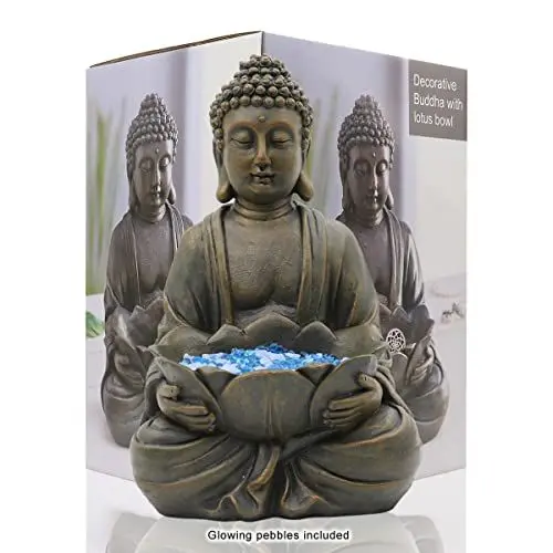 Produktbild: Yeomoo Meditation Buddha Figur Gartendeko für Draußen – Zen Buddha Garten Deko Wohnzimmer Balkon Dekoration Groß Figuren mit Lotus Kieselsteinen und Glasstein Geschenke für Frauen Männer Bronze 30CM