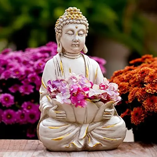 Produktbild: Yeomoo Meditation Buddha Figur Gartendeko für Draußen – Zen Buddha Garten Deko Wohnzimmer Balkon Dekoration Groß Figuren mit Lotus Kieselsteinen und Glasstein Geschenke für Frauen Männer Weiß 30CM