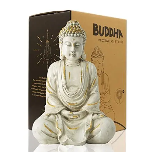 Produktbild: Yeomoo Meditation Buddha Figur Gartendeko für Draußen – Zen Buddha Spirituelle Garten Deko Geschenke für Zimmer Balkon Innen Dekoration Orientalische Figuren mit Perlenkette aus Naturholz Weiß 29CM