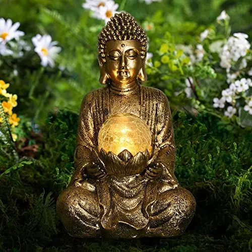 Produktbild: Yeomoo Meditierender Buddha Figur Deko mit Solarlicht,Zen Solargarten groß Buddha mit gesprungener Glaskugel Statue Skulptur-Innen/Draußen Deko für Balkon,Garten,Terrasse,Veranda,Yard Art,26.5cm Gold
