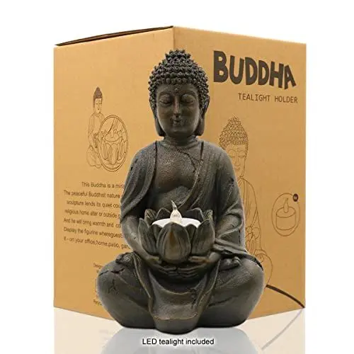 Produktbild: Yeomoo Meditierender Buddha Teelichthalter/Kerzenhalter Statue Zen Buddha Figur Deko mit Lotus – Innen-/Außendekoration für Haus, Garten, Hof, Kunstdekoration – mit einem LED-Teelicht, Harz 1P