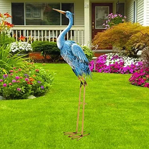 Produktbild: Yeomoo Metall Vogel Kranich Reiher Skulptur Gartendeko für Draußen: Blau Stehend Vogel Deko Wohnzimmer Figuren Geschenke für Frauen/Männer/Mama Deko Garten Balkon Zimmer Vogelabwehr Dekoration 96CM