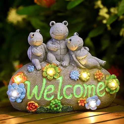 Produktbild: Yeomoo Schildkröte Deko auf Willkommen Zuhause Stein mit Solarlampen Gartendeko für Draußen: Schildkröt Gartenfiguren mit Solar Lichterkette Deko Garten Zimmer Geschenke für Frauen Mama Balkon