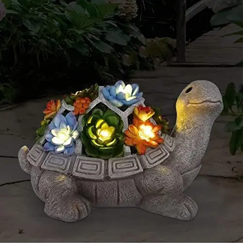 Produktbild: Yeomoo Solar Gartenfiguren Schildkröte Gartendeko für Draußen, mit Sukkulenten und 7 LED Leuchten Home Balkon Dekoration, Figur Kawaii Geschenke für Frauen/Mama Deko für Zimmer Terrasse