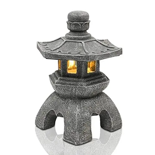 Produktbild: Yeomoo Solar Pagode Garten Deko für Draußen – Pagode Solar Laterne Gartenfiguren Zen Garten Japanische deko für Wohnzimmer Balkon Terrasse Geschenke für Frauen Mama Wasserdicht Solarlampe Garten Grau