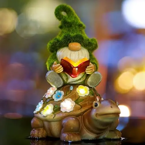 Produktbild: Yeomoo Solar Zwerg Reiten Schildkröte Gartendeko für Draußen Figuren - mit Blumen LED Lichterkette Lustige Feengarten Kinder Garten Deko Figur Geschenke für Frauen/Mum/Männer Zimmer Dekoration 21.5CM
