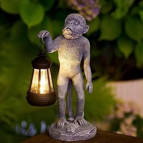 Produktbild: Yeomoo Stehender Affe Gartenfiguren Gorillas Gartendeko für Draußen mit Solarlampen: Affen Figuren mit Solar Lichterkette Wasserdicht Deko Zimmer Geschenke für Männer Frauen Balkon Terrasse Deko Grau