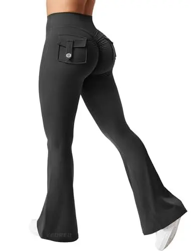 Produktbild: YEOREO CoreFlex Damen Flare Leggings mit Pockets Scrunch Butt Sport Leggings Hohe Taille Bootcut Leggings Workout Gym Yoga Casual Schwarz L