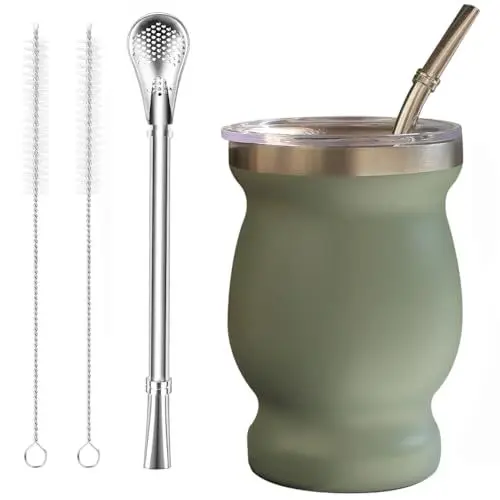 Produktbild: Yerba Mate Tee Set (Mate Becher), Edelstahl-Teetassen-Set mit einem multifunktionalen Deckel, zwei Trinkhalmen und Reinigungsbürsten, Wärmeisolierung, Verbrühungsschutz (Grün)