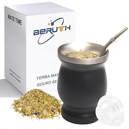 Produktbild: Yerba Mate Tee Set (Mate Becher), Edelstahl-Teetassen-Set mit einem multifunktionalen Deckel, zwei Trinkhalmen und Reinigungsbürsten, Wärmeisolierung, Verbrühungsschutz (schwarz)