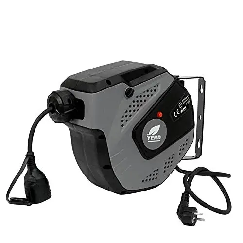 Produktbild: YERD automatische Kabeltrommel 14+1 m (v2021), 230V Verlängerungskabel mit Wandhalterung, 15m Gummi- Profi-Stromkabel (H07RN-F Kabel), Thermoschutz-Schalter, IP34 Schutz