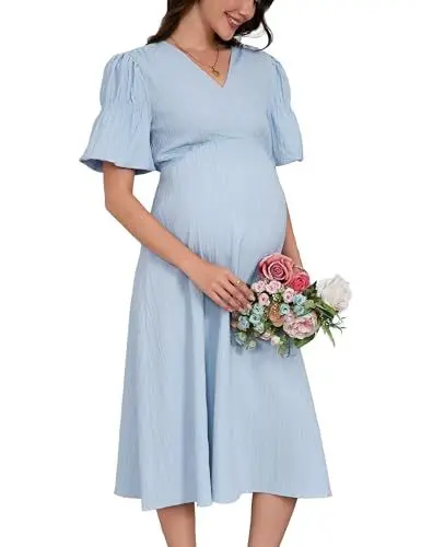 Produktbild: YesFashion Umstandskleid Damen Sommer Elegant V-Ausschnitt Langes Stillkleid Hohe Taille Casual Schwangerschaftskleid mit Laternenärmel Hellblau M