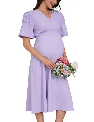 Produktbild: YesFashion Umstandskleid Damen Sommer Elegant V-Ausschnitt Langes Stillkleid Hohe Taille Casual Schwangerschaftskleid mit Laternenärmel Hellviolett S