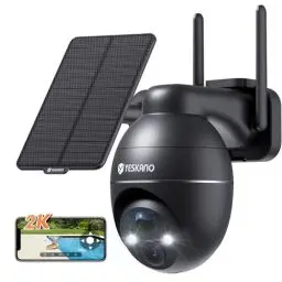 Produktbild: YESKANO Überwachungskamera Aussen Solar, 2K Kamera Outdoor mit 360°-Überwachung, Wlan Kamera Akku, Farbe-Nachtsicht, PIR-Bewegungsmelder, IP66 Wetterfest, Cloud/SD-Speicher, 2-Wege-Audio, 2,4 GHz WLAN
