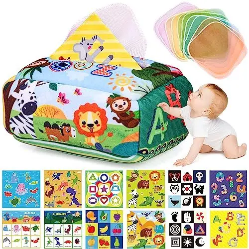 Produktbild: YESLUSY Baby Spielzeug, Montessori Tissue Box Baby Spielzeug mit 6 Knisterpapier und 10 Bunte Seidenschals, Farbig Tiere Zahlen Babyspielzeug, Babyspielzeug ab 6 Monate, Personalisierte Geschenke Baby