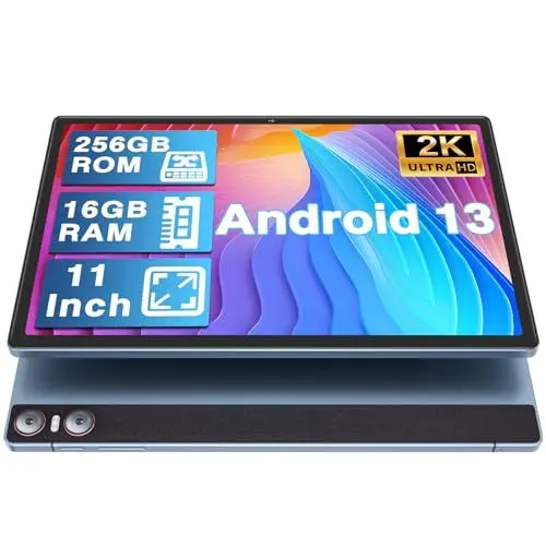 Produktbild: YESTEL Tablet 11 Zoll Android 13 mit 16 GB RAM + 256 GB ROM (1TB TF), 2K 2000 x 1200 IPS, 4 Lautsprecher, GPS, 5G WLAN, 3 Kameras, 8600mAh, 18W Schnellladung, Octa-Core, mit Hülle, Blau