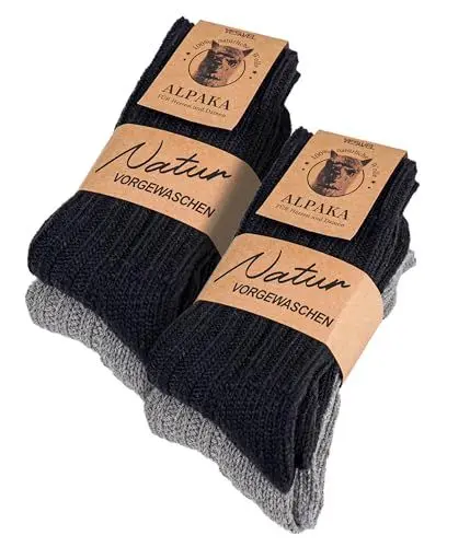 Produktbild: YESWEL 4 Paar Alpaka Wollsocken Herren Damen, Atmungsative Socken Extra Warm, Dicke Thermosocken Wintersocken (2x Schwarz + 2x Grau, 43-46