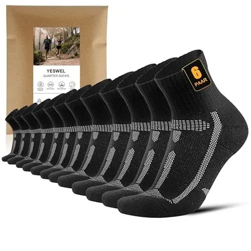 Produktbild: YESWEL 6 Paar Laufsocken Herren 43-46, Quarter Sportsocken mit Polsterung, Atmungsaktive Running Socken für Laufen,Sport (Schwarz)