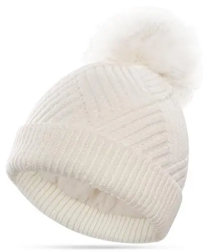Produktbild: YESWEL Beanie Mütze Damen, WinterMütze mit Thermal Layer Fleece Gefüttert, Bommelmütze mit Abnehmbarem Pom Pom für Outdoor Skifahren (Weiß)