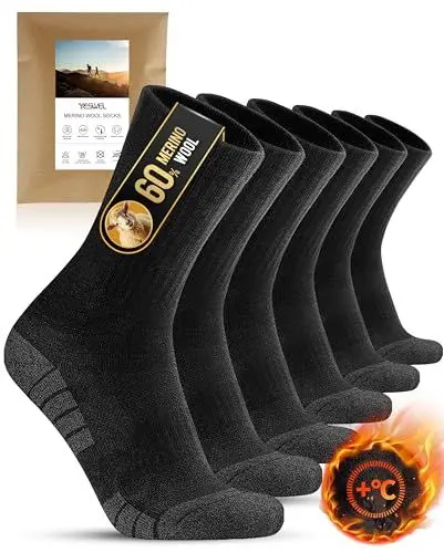 Produktbild: YESWEL Merino Wandersocken Herren Damen 3 Paar, Anti Rutsch Socken, Atmungsative Wollsocken für Winter, Warm Trekkingsocken (Schwarz, 43-46)