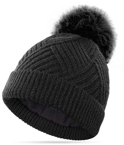Produktbild: YESWEL Mütze Damen Winter, Bommelmütze mit Thermal Layer Fleece Gefüttert, WinterMütze mit Abnehmbarem Pom Pom für Outdoor Skifahren (Schwarz)