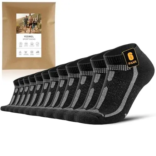 Produktbild: YESWEL Sportsocken Herren 39-42, Kurze Laufsocken mit Polsterung, Atmungsaktive Running Socken für Laufen,Sport (Schwarz,6 Paar)