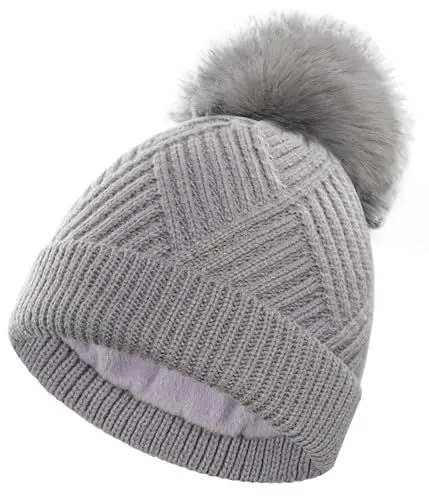 Produktbild: YESWEL Warme WinterMütze Damen, Beanie mit Thermal Layer Fleece Gefüttert, Bommelmütze mit Abnehmbarem Pom Pom für Outdoor Skifahren (Hellgrau)