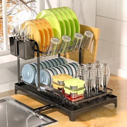 Produktbild: Yexati Große Kapazität Geschirr Abtropfgestell 2-stufiger Geschirrabtrockenhalter mit Tropfschale Anti-Rost-Geschirrkorb für die Küchentheke Plus Utensilienhalter,Abtropf für Flaschen,Schwarz