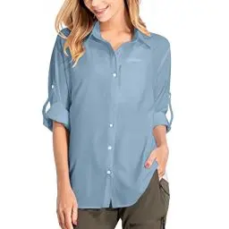 Produktbild: yeyity Damen Hemdbluse UV Schutz Langarmshirt Damen Schnell Trocknende Sport Shirts Wandershirt Safari Casual Button Up Tops Strandurlaub Elegant Bluse（5019,Blue,XL