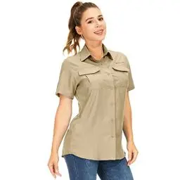 Produktbild: yeyity Hemdbluse Damen Kurzarm UV Schutz Wander Shirt Damen Atmungsaktiv Safari Hemd Schnelltrocknende Outdoorhemd,Sommer Tops (5076,Khaki,M)