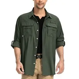 Produktbild: yeyity Herren Safari Hemd UPF50 UV Schutz Langarm Outdoor Hemd Casual Freizeithemden Schnelltrocknendes Funktionshemd für Wandern Angeln Reisen Trekking(5052,Amy Green,L)