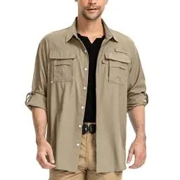 Produktbild: yeyity Herren Safari Hemd UPF50 UV Schutz Langarm Outdoor Hemd Casual Freizeithemden Schnelltrocknendes Funktionshemd für Wandern Angeln Reisen Trekking(5052,Khaki,L)