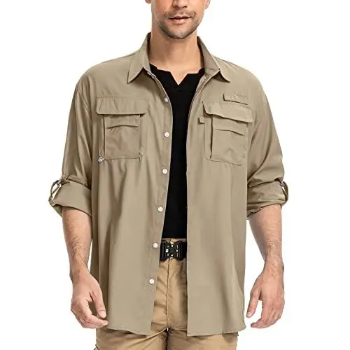 Produktbild: yeyity Herren Safari Hemd UPF50 UV Schutz Langarm Outdoor Hemd Casual Freizeithemden Schnelltrocknendes Funktionshemd für Wandern Angeln Reisen Trekking(5052,Khaki,L)