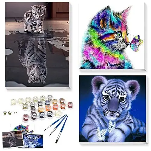 Produktbild: YFWUQI Malen nach Zahlen Erwachsene Tiere, Malen nach Zahlen ab 6 7 8 9 10 11 Jahre Mädchen Jungen Paint by Numbers Adult Malen nach Zahlen Kinder Teenager Malen nach Zahlen Katze Tiger Leinwand Set