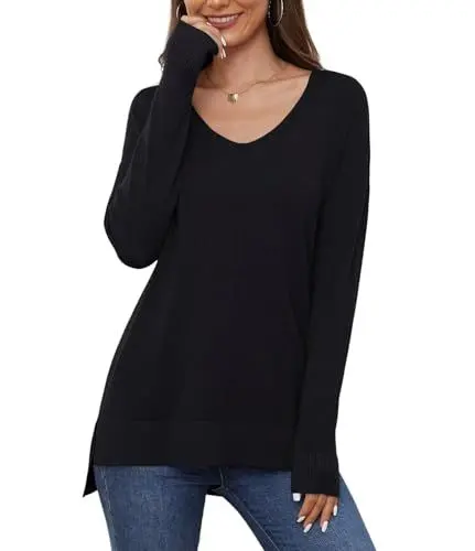 Produktbild: YGJIEGENG Pullover Damen V Ausschnitt Strickpullover Herbst Winter Sweatshirt Leichter Einfarbig Pullover Elegant Casual Oversize Warm Oberteile Schwarz XXL