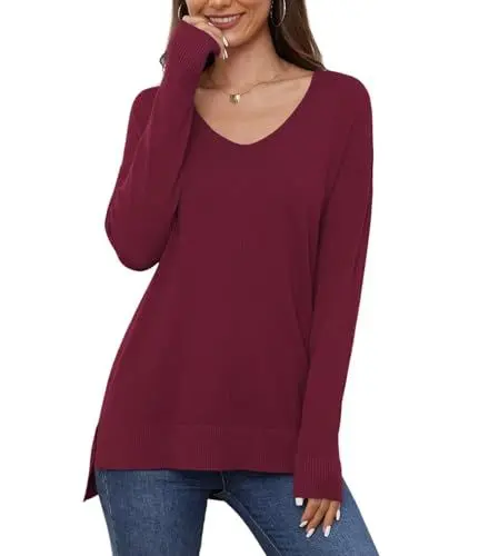Produktbild: YGJIEGENG Pullover Damen V Ausschnitt Strickpullover Herbst Winter Sweatshirt Leichter Einfarbig Pullover Elegant Casual Oversize Warm Oberteile Weinrot XL