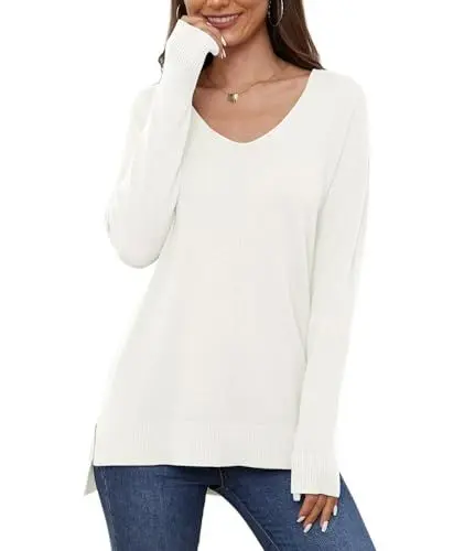 Produktbild: YGJIEGENG Pullover Damen V Ausschnitt Strickpullover Herbst Winter Sweatshirt Leichter Einfarbig Pullover Elegant Casual Oversize Warm Oberteile Weiss XXL