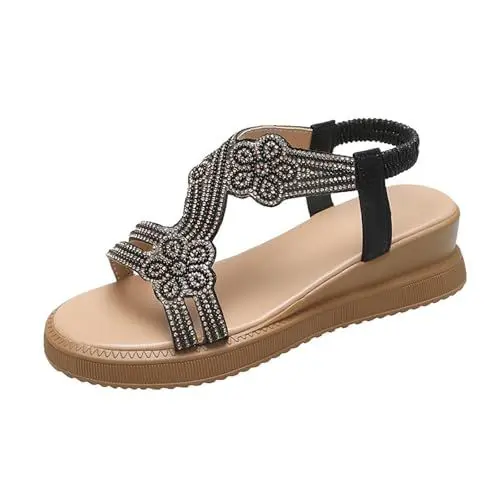 Produktbild: YGNAOTAN Damen Bohemia Sandalen mit Strass Perlen Sommer Strand Schuhe Freizeit Flach Sandalette Riemchensandalen Römersandalen (Black, 41)