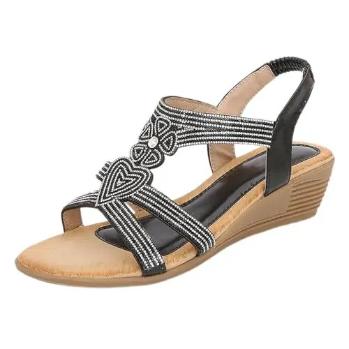 Produktbild: YGNAOTAN Sandalen Damen Freizeit Flach Sandalette mit Strass Perlen Bohemia Strand Schuhe Casual Ankle Elastic Flip Flops Keilsandalen (Black, 41)