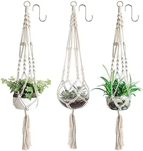 Produktbild: YHmall 3 Stück Makramee Blumenampel, Blumenampel hängend Innen, Pflanzenaufhänger, Blumentopf Hängend mit Baumwollseil für Innen Außen Decken Balkone Wanddekoration 105 cm Belastung 10 kg