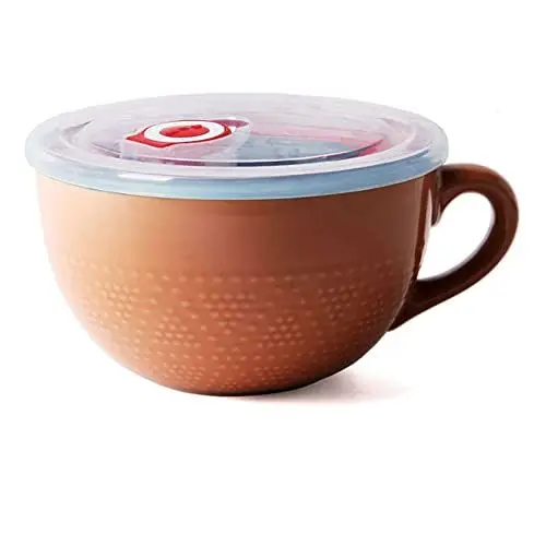 Produktbild: Yi Chen 700ml Keramik Suppentassen Frühstückstasse Mit Henkel,Breit Groß Kaffee Tassen Mikrowelle Getreide Suppenschüsseln Für Milch Cappuccino Haferflocken-Erde rot-mit Deckel