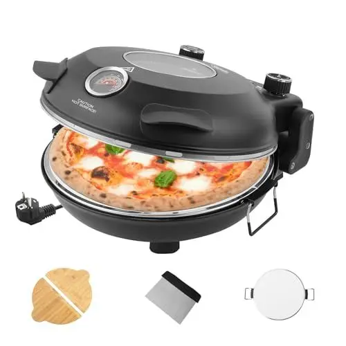 Produktbild: YIBAKE Pizzaofen elektrisch, 1200W Pizzabäcker in 4-Min-Pizza, 31cm Feuerfeste Pizzastein, Max 420℃ Pizzaofen mit 5 Garstufen, inkl. Pizzaschaber & Pizzaschieber, Schwarz