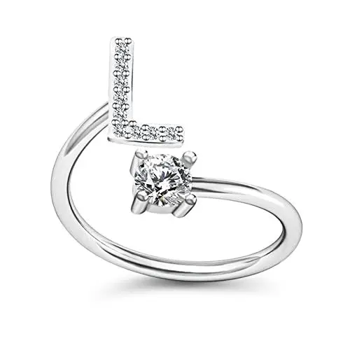 Produktbild: Yifnny Alphabet Ring, Anfangsring 26 Alphabet Intarsien Zirkonia Großbuchstabe A-Z Offener Verstellbarer Mittelfinger Ring Silber Initial Buchstabe Ringe für Damen (L)