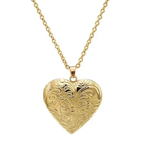 Produktbild: Yifnny Herz Medaillon Halskette, Gravierte Blumen Memorial Foto Medaillon Kette Halskette mit Bild Medaillon Anhänger Herz Halskette für Damen (Gold)