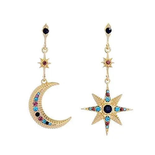 Produktbild: Gilieyer Ohrringe Stern und Mond, Boheme-Ohrringe für Damen, lang, asymmetrisch, Halbmond, Stern, Ohrringe, Retro-Schmuck, Metall