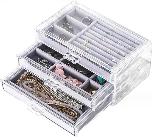 Produktbild: YIHAOBOX Schmuckkästchen, Schmuckkasten mit 3 Ebenen, Schmuckbox mit Glasdeckel, Schubladen, Schmuckaufbewahrung, viel Stauraum, modern, Geschenk für Ihre Liebsten Schmuckschatulle Damen