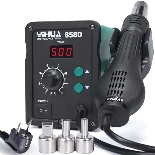 Produktbild: YIHUA 858D Heißluft Lötstation Entlötstation 700W für SMD Löten und Entlöten mit einstellbarer Temperatur und Luftvolumen, PID Temperaturkontrolle, Auto Start/Stop Funktion, Heißluftdüsen (EU PLUG)