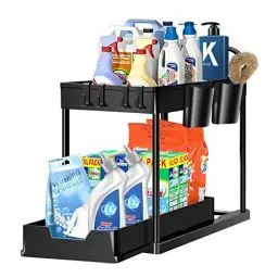 Produktbild: YIKANWEN 2 Etagen Unter Waschbecken Regal,Küchen Organizer mit 4 Beweglichen Haken und 2 Tasse,Mehrzweck Gewürzregal Spülschrank Organizer Putzmittel Organizer für Badezimmer