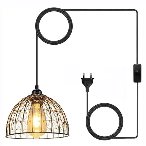 Produktbild: YIKEGE LICHT Hängelampe mit Stecker Schalter Hängend Schwarz Hängeleuchte Metall Dome Lampenschirm Pendelleuchte 4.5m Kabel E27 Deckenleuchte Wandleuchte für Schlafzimmer Küche Esstisch Pavillon Flur